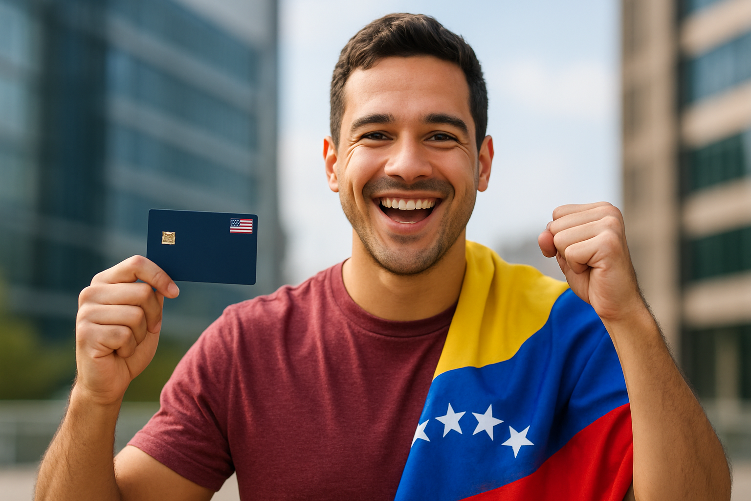 Joven venezolano sonriendo mientras sostiene una tarjeta bancaria en Estados Unidos, feliz por haber abierto su cuenta sin viajar.